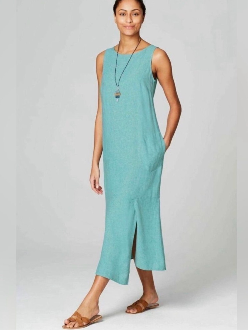 Pure Jill Asymmetrical Maxi Sheath Dress Sz Small Teal Linen Blend Sleeveless